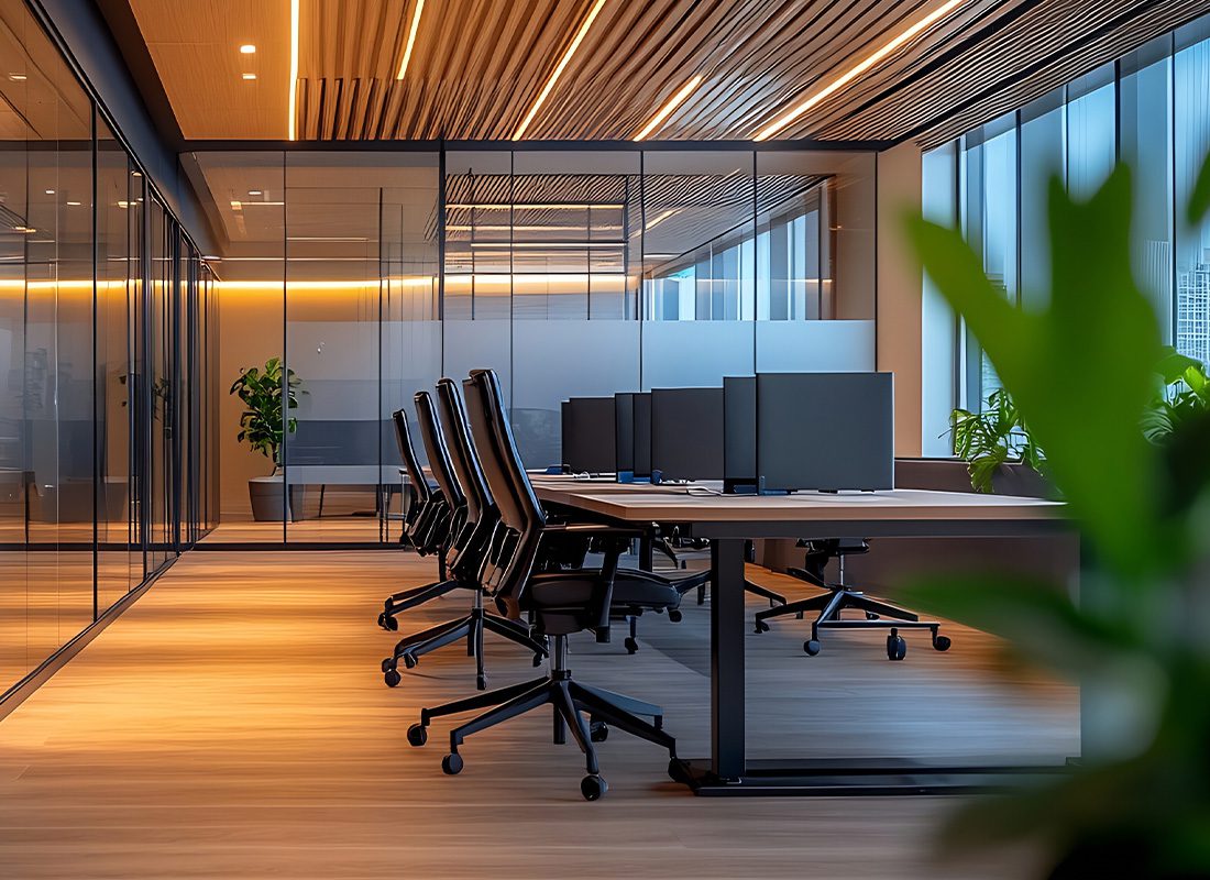 Methuen MA Insurance - Office Space Featuring Sleek Design with Horizontal Lines on the Ceiling Glass Partitions and a Well Lit Conference Area with Dark Chairs